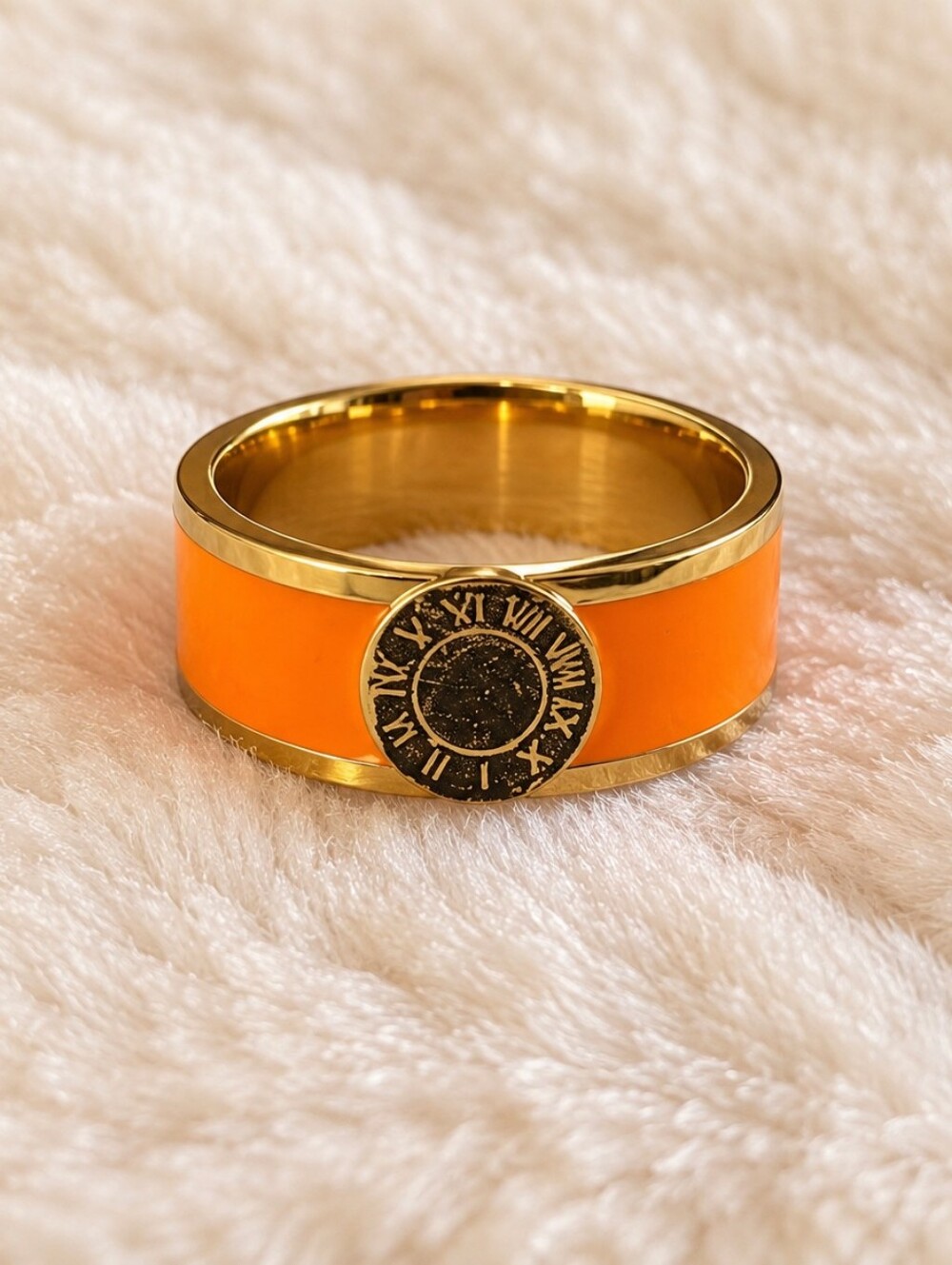 Gold-Tone Orange Enamel Roman Dial Statement Ring Size 6.5